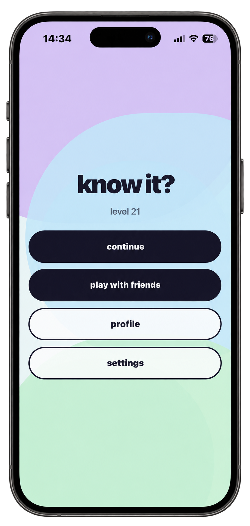 Actual know it? app home screen with lilac, blue and mint colours