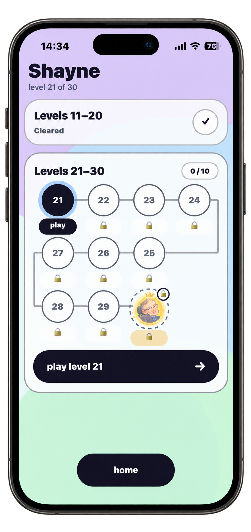 Level map showing completed levels 11 through 20 and the path through levels 21 through 30