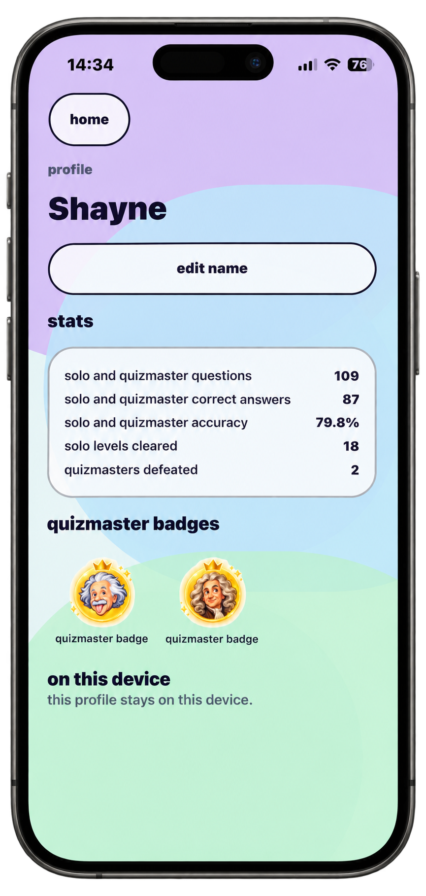 Player profile with accuracy, levels cleared, quizmasters defeated and earned badges