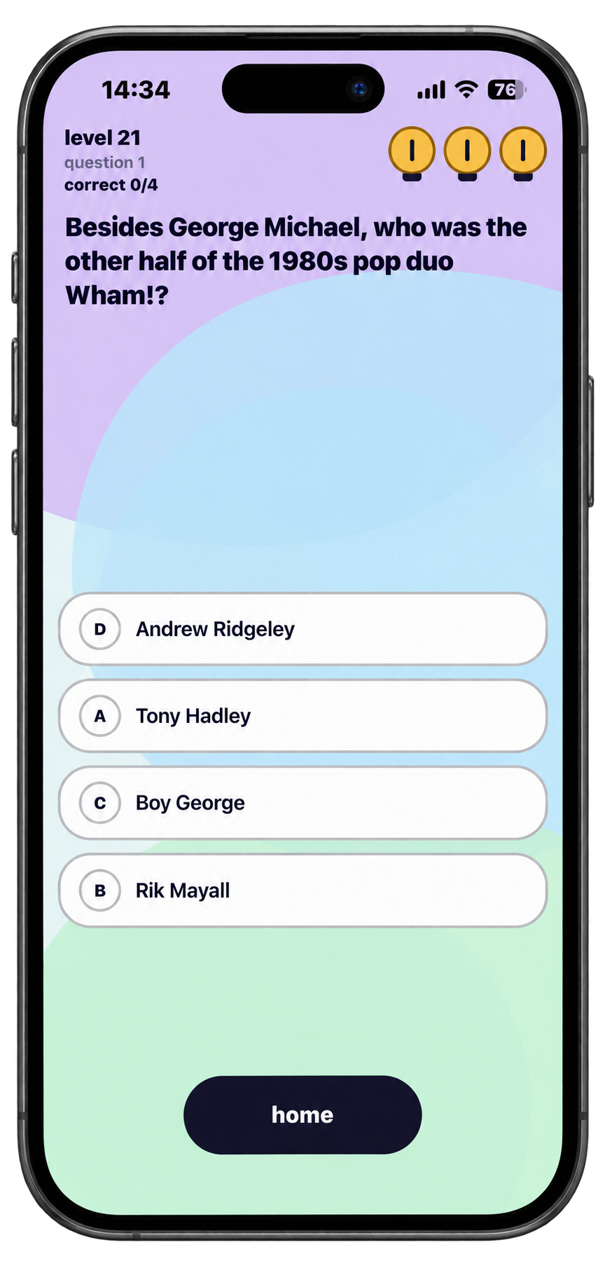 Actual trivia gameplay asking about the other member of Wham! with four answer options