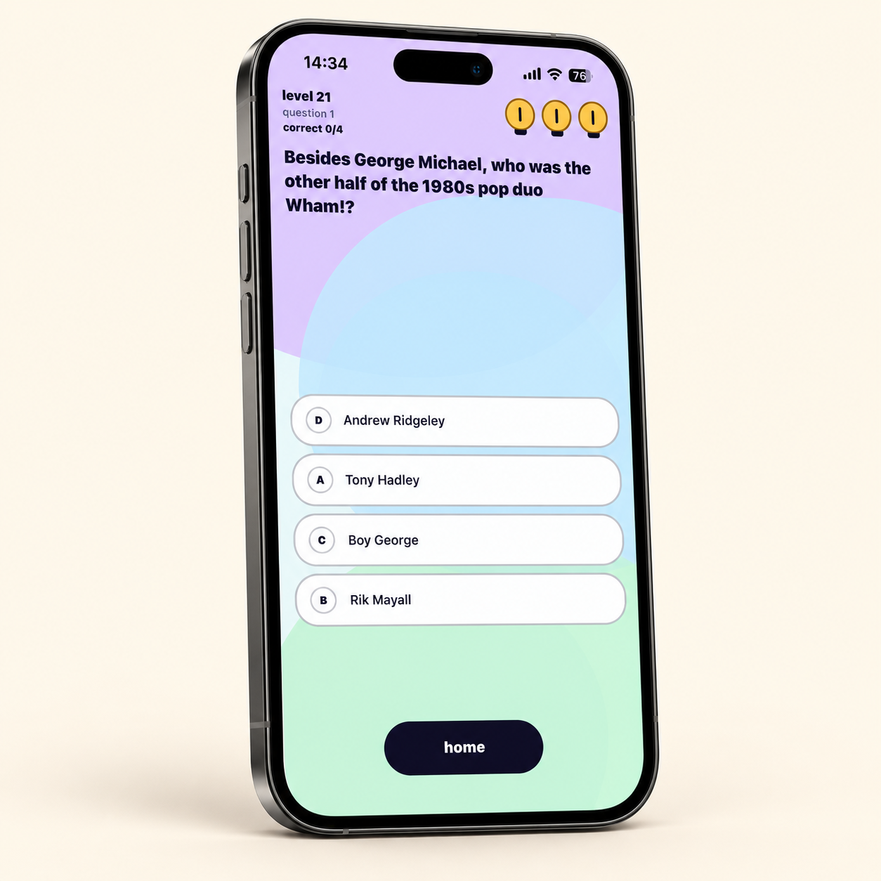 An iPhone displaying a question from know it?, our trivia game in development