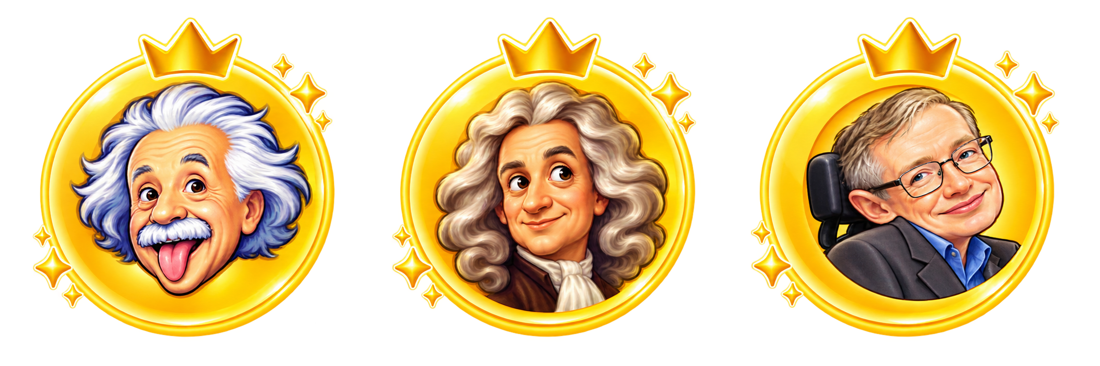 The game’s gold quizmaster badges for Albert Einstein, Isaac Newton and Stephen Hawking